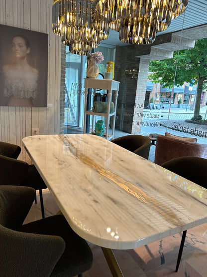 Rounded Corners Dining Table | Grey Marble Pattern | Gold River
