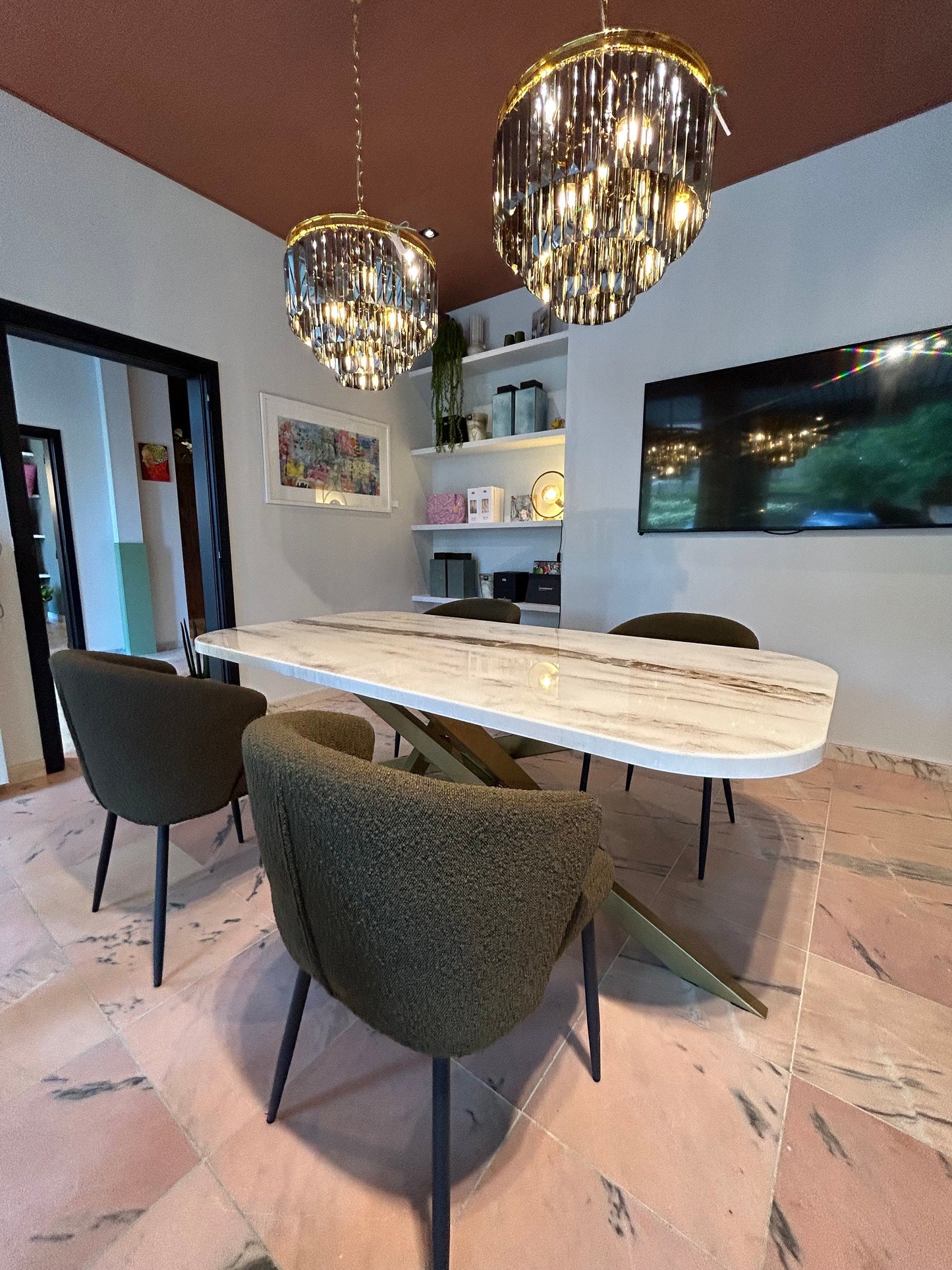 Rounded Corners Dining Table | Grey Marble Pattern | Gold River
