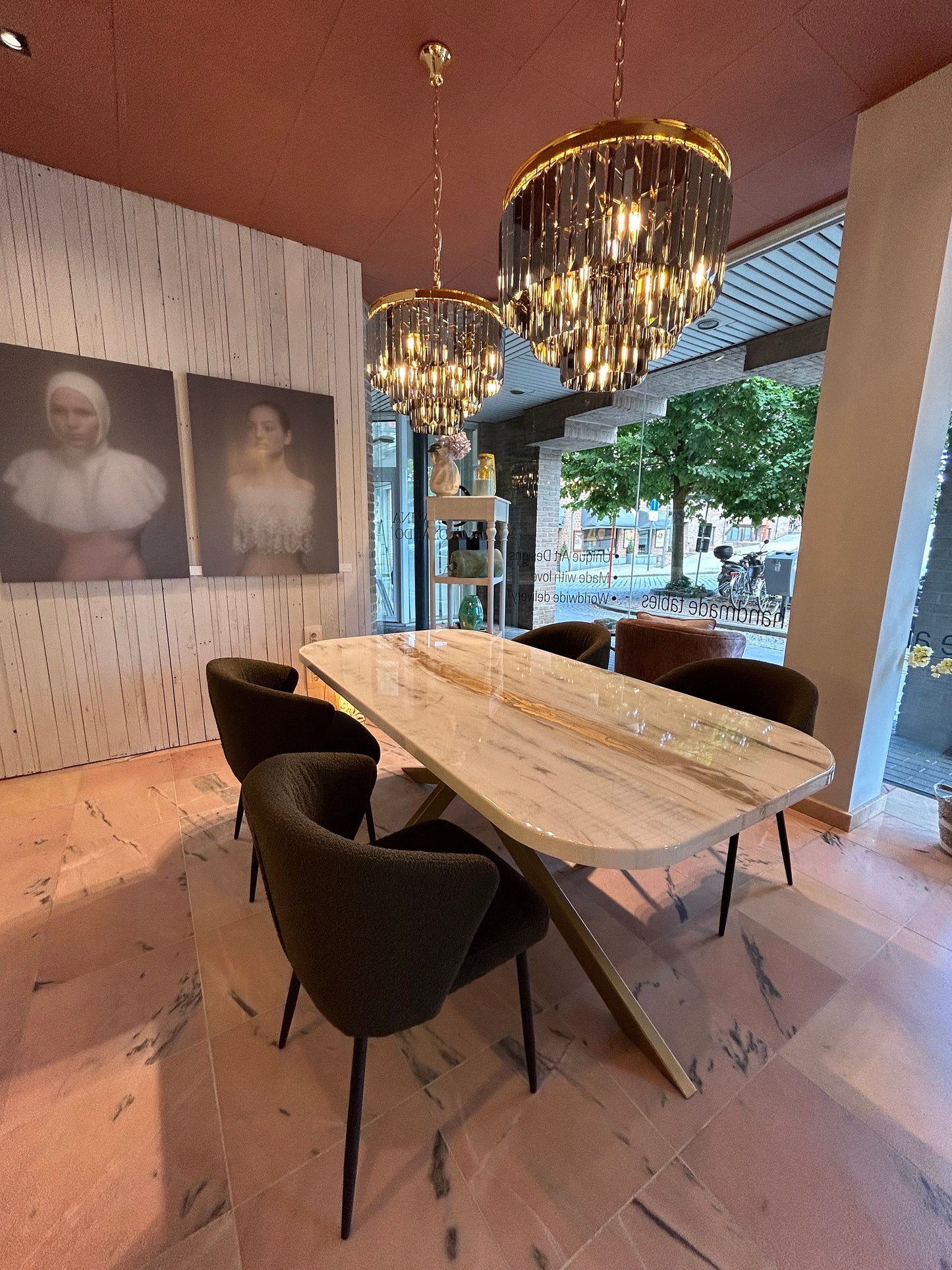 Rounded Corners Dining Table | Grey Marble Pattern | Gold River