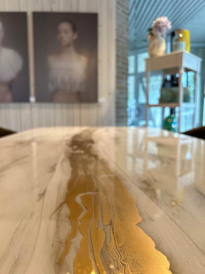 Rounded Corners Dining Table | Grey Marble Pattern | Gold River
