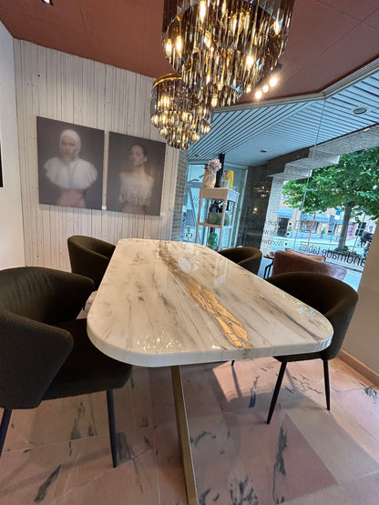 Rounded Corners Dining Table | Grey Marble Pattern | Gold River