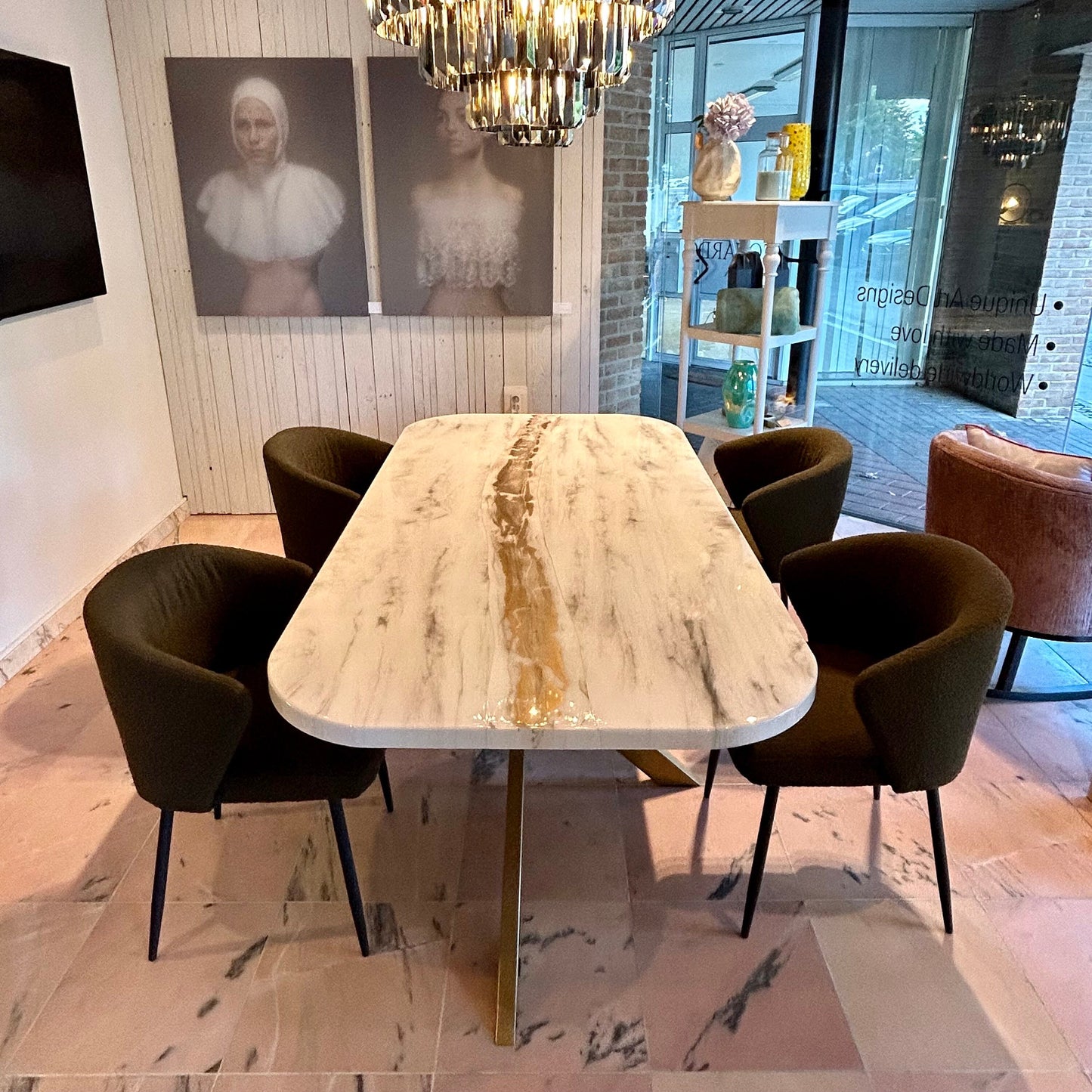 Rounded Corners Dining Table | Grey Marble Pattern | Gold River