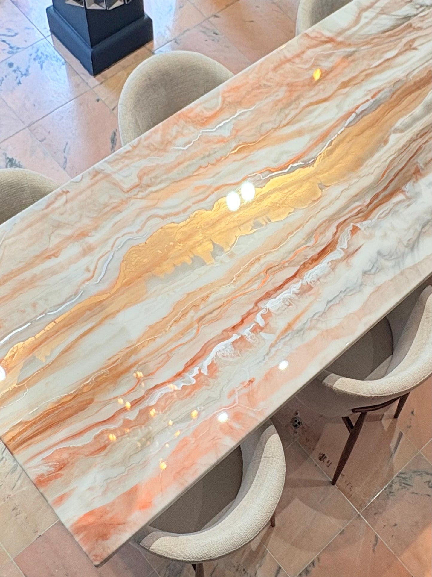 Rose Gold Marble Effect Dining Table (Handmade, Custom Size)