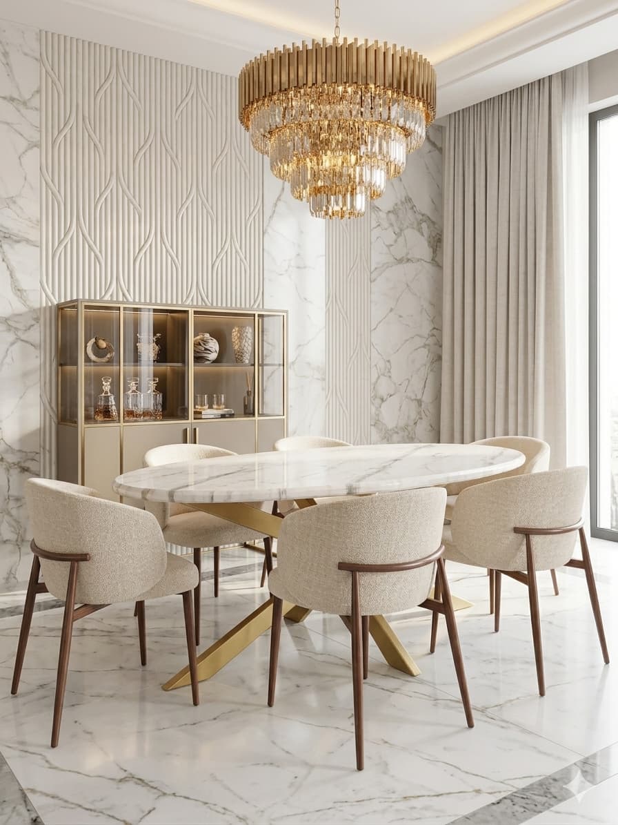 Oval white marble epoxy resin dining table with gold base, handcrafted in Belgium — custom made luxury dining furniture by Leonardo Gravina