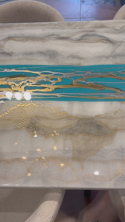 Turquoise Resin River Dining Table with Sparkles (Custom Made)