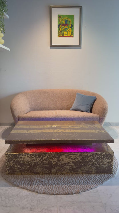 Gold Leaf Coffee Table – Dark Taupe Epoxy Resin with Multicolor LED Lighting